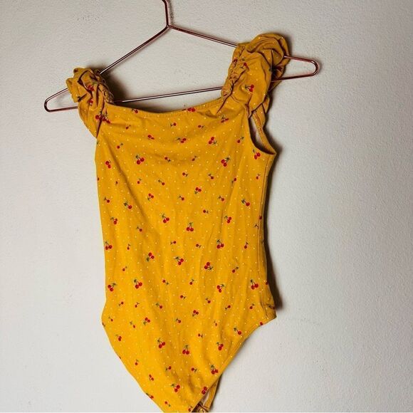 EUC Forever 21 Yellow Cherry Print Bodysuit Small - Picture 5 of 6